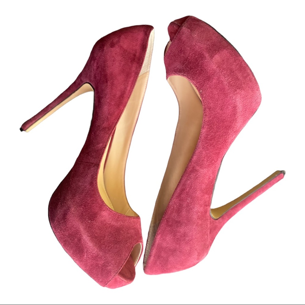 Vince Camuto Lorimina Burgandy Peep Toe Suede Heels